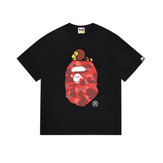 Black BAPE T-Shirt with Red Camo Ape Head and Baby Milo Print